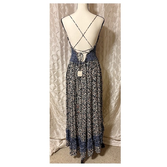 Free People One I Love Maxi Dress Denim Blue Floral Ruffle Smock Prairie Boho - Picture 6 of 16